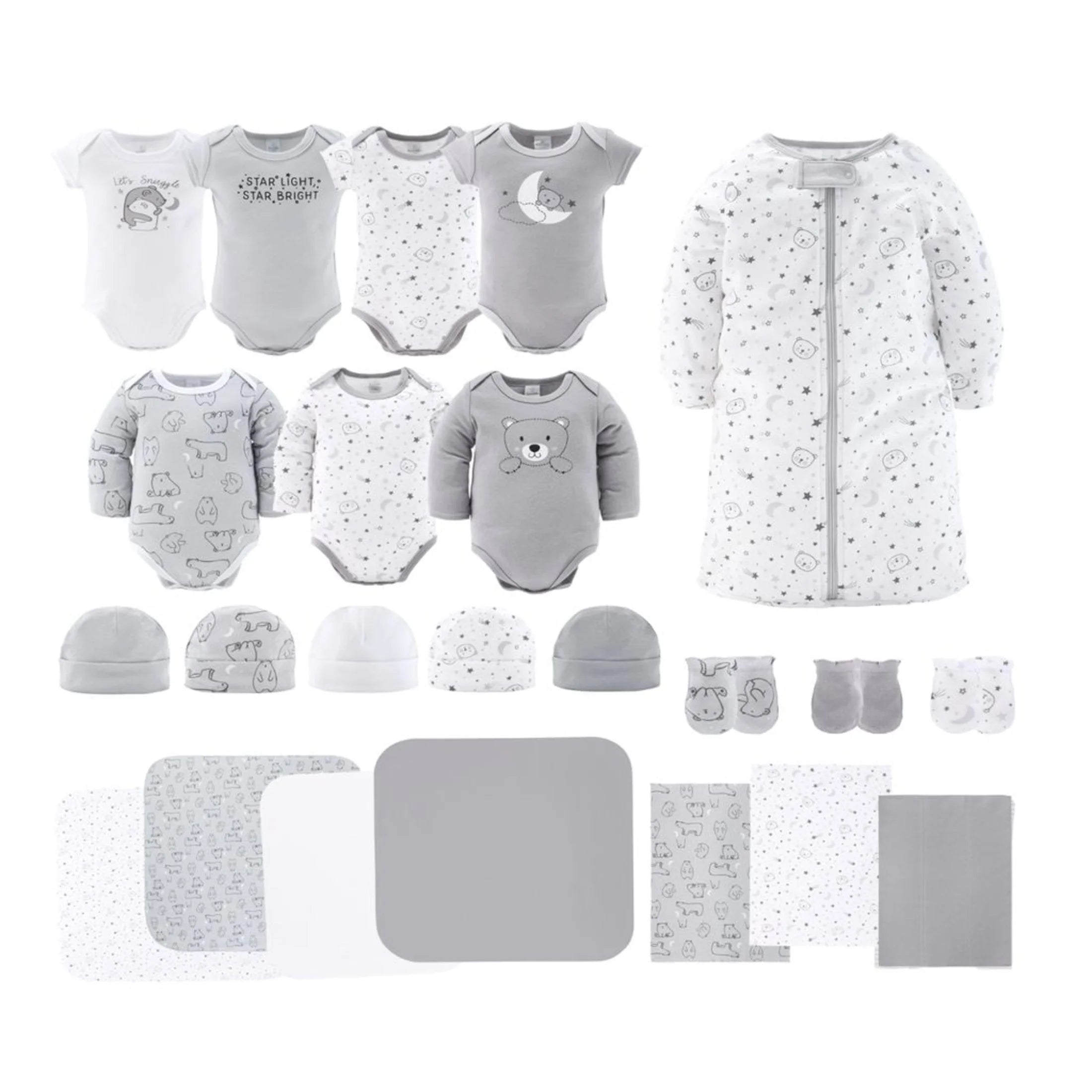 Newborn Baby Layette Gift Set for Baby Boys and Girls, Shower Gift Essentials, Grey and White Celestial Bears