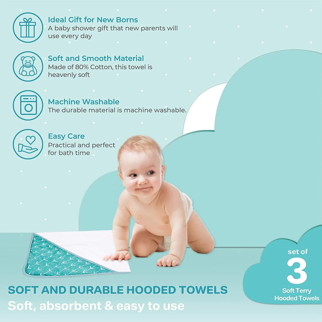 Baby Hooded Towel Set for Newborn Boys and Girls, Soft Terry Bath Set, Pack of 3, Green Dots