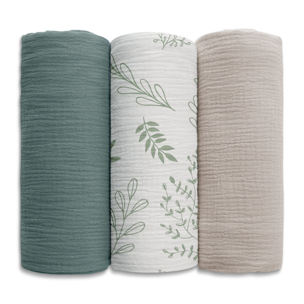3-Pack Muslin Organic Cotton Swaddle Blankets for Newborn Infant Boys Girls 38"X40", Eucalyptus
