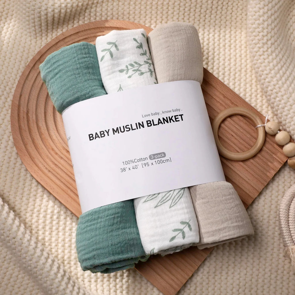 3-Pack Muslin Organic Cotton Swaddle Blankets for Newborn Infant Boys Girls 38"X40", Eucalyptus