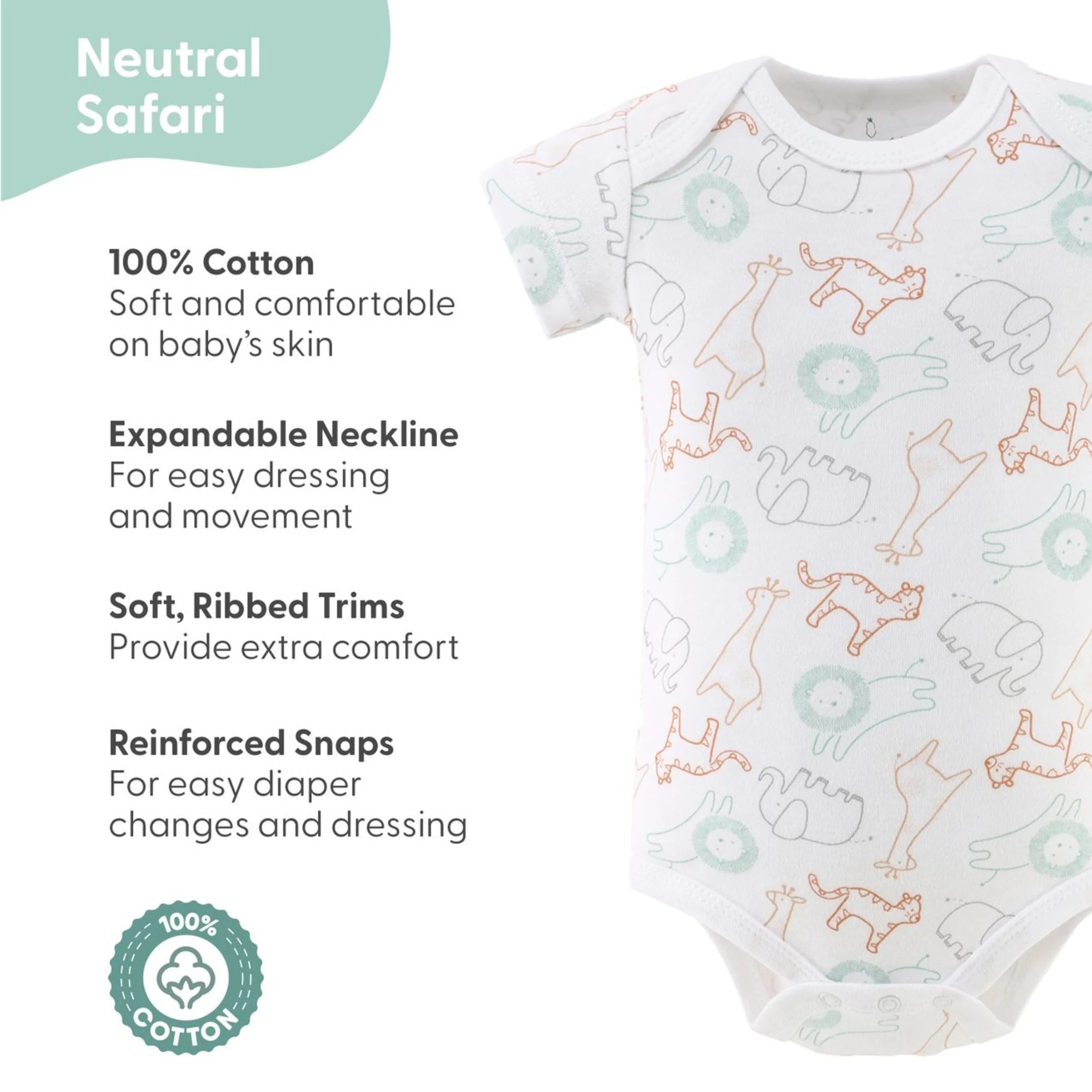 Baby Bodysuit Pack with Safari Design, Unisex Baby Clothes for Newborns, 4-Pack