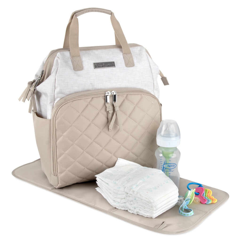 Super Cooler Main Frame Dual Zipper Closure Diaper Bag Backpack Tote with Matching 6-Ply Changing Pad, Insulated Bottle Pockets and Stroller Straps in Crème and Taupe