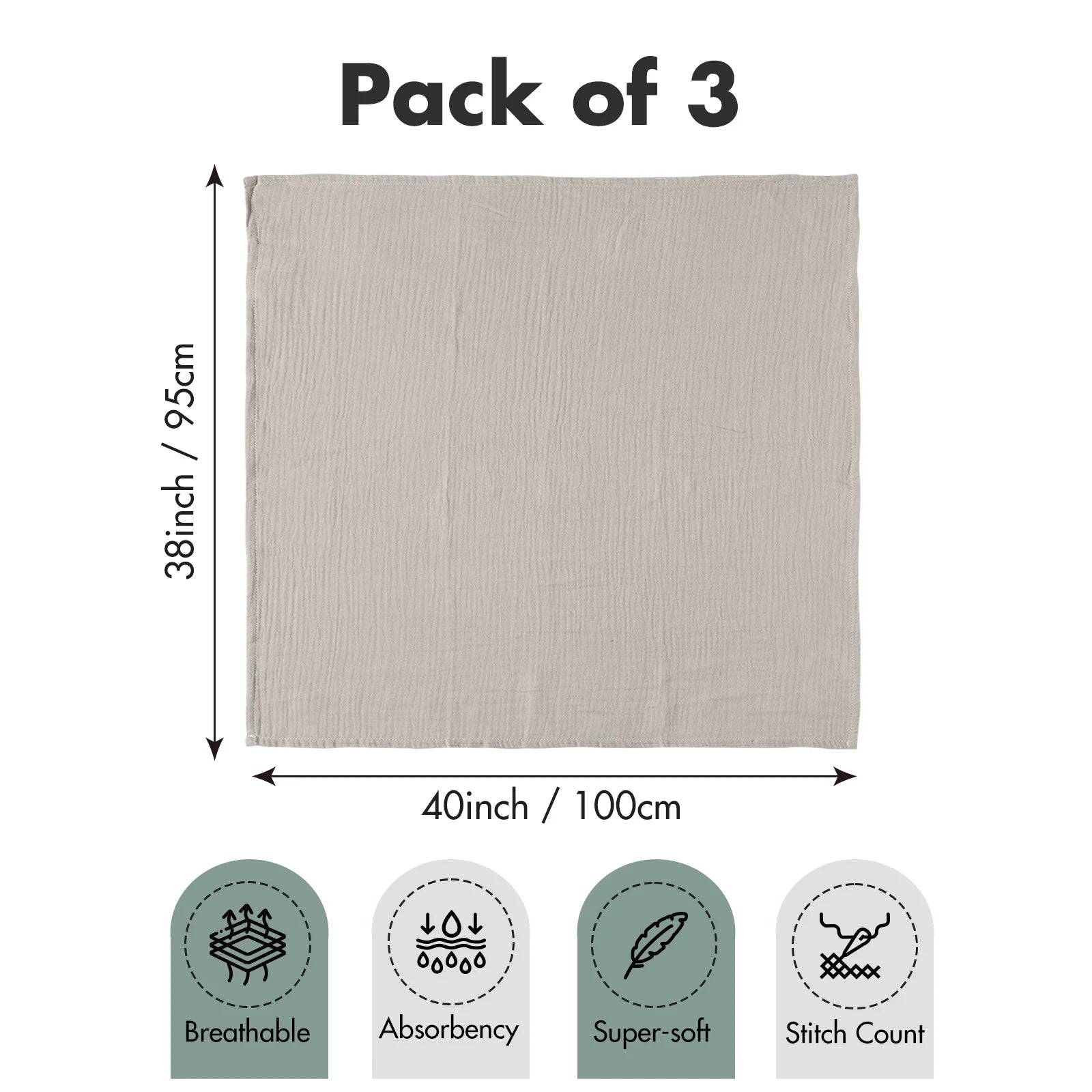3-Pack Muslin Organic Cotton Swaddle Blankets for Newborn Infant Boys Girls 38"X40", Eucalyptus