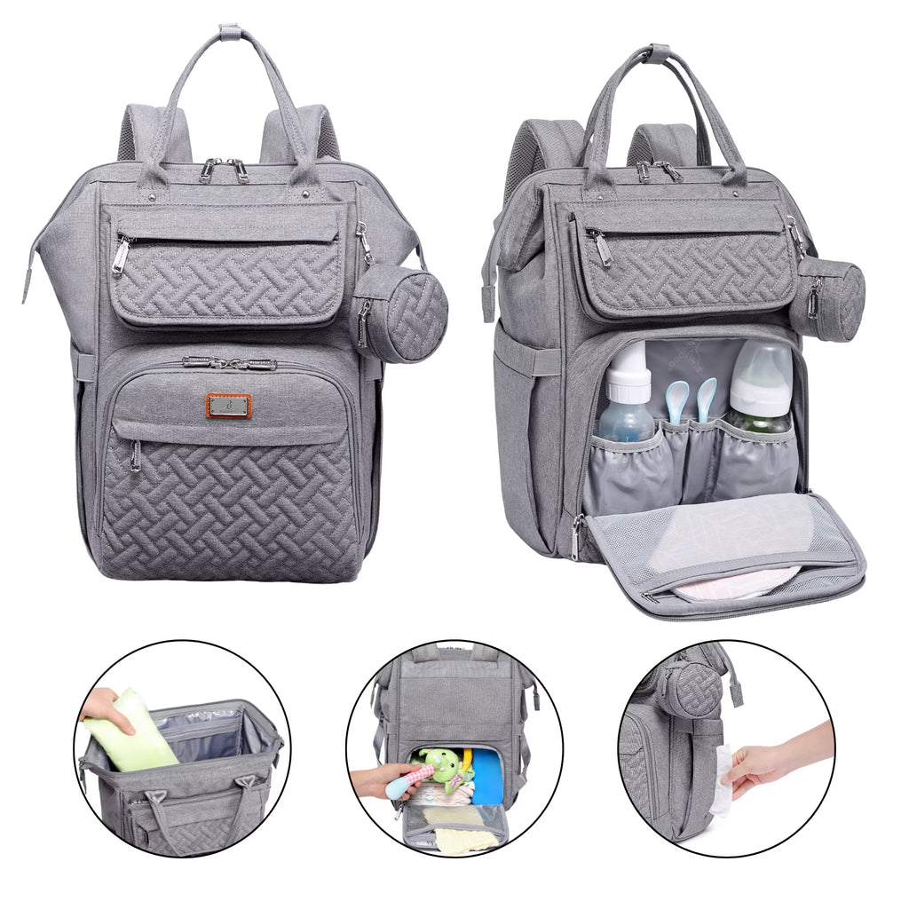 Baby Diaper Bag Backpack – Large Capacity Waterproof Nappy Organizer with Insulated Pockets, Polyester, Light Gray