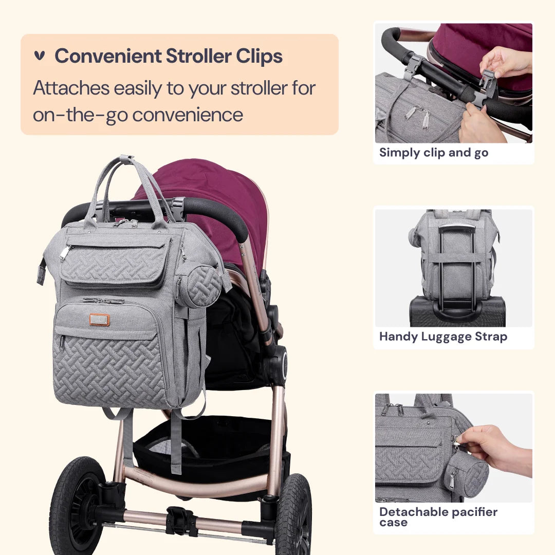Baby Diaper Bag Backpack – Large Capacity Waterproof Nappy Organizer with Insulated Pockets, Polyester, Light Gray