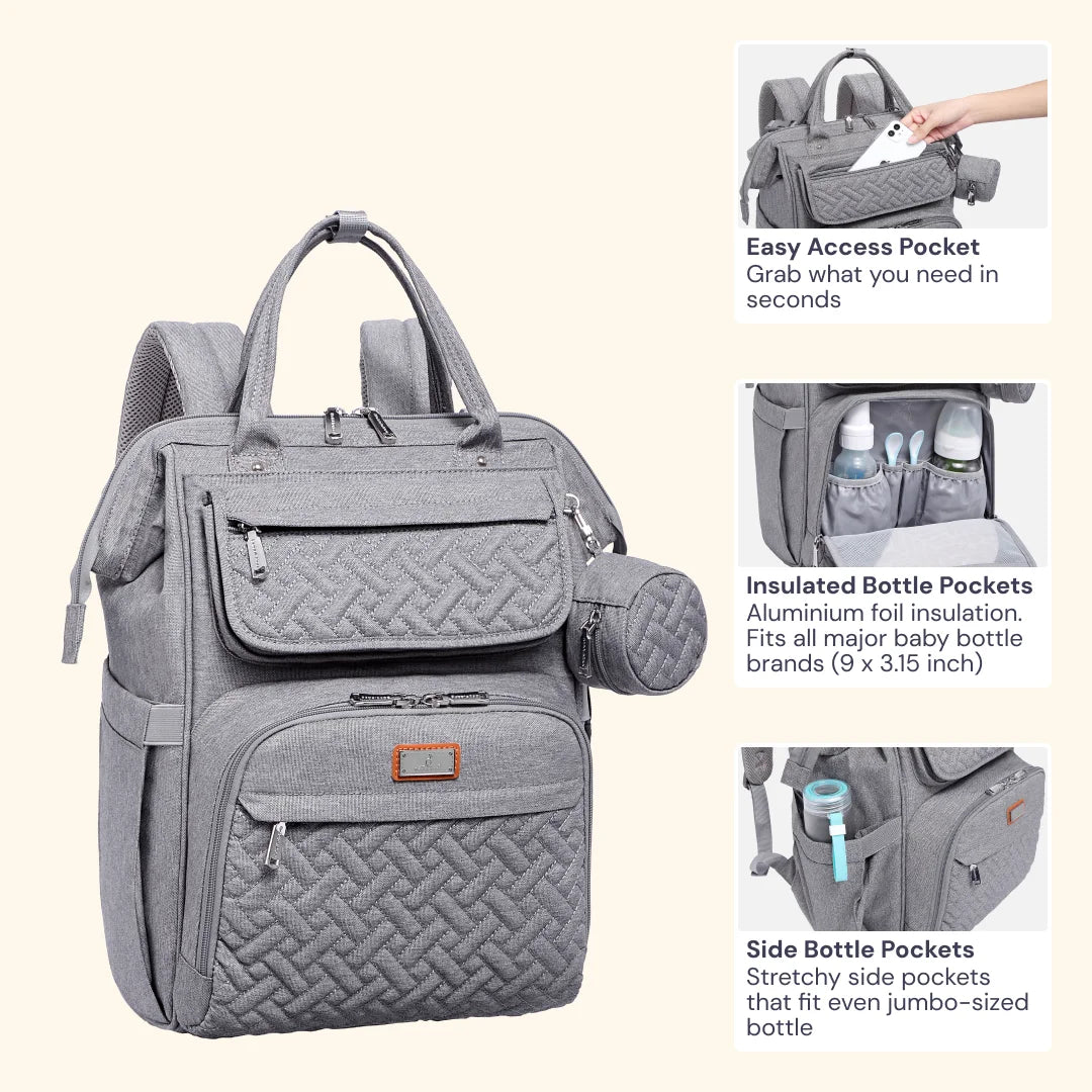 Baby Diaper Bag Backpack – Large Capacity Waterproof Nappy Organizer with Insulated Pockets, Polyester, Light Gray