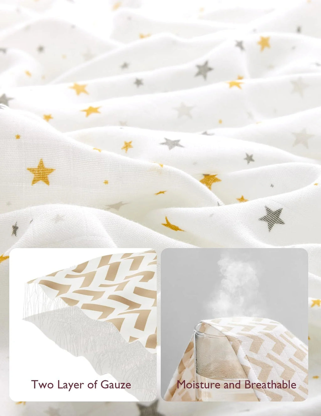 Muslin Swaddle Blankets, 4 Pack, Breathable 2-Layer Gauze Large 47'' X 47'' Baby Swaddling Receiving Blanket Wraps for Newborn Boys Girls, Star