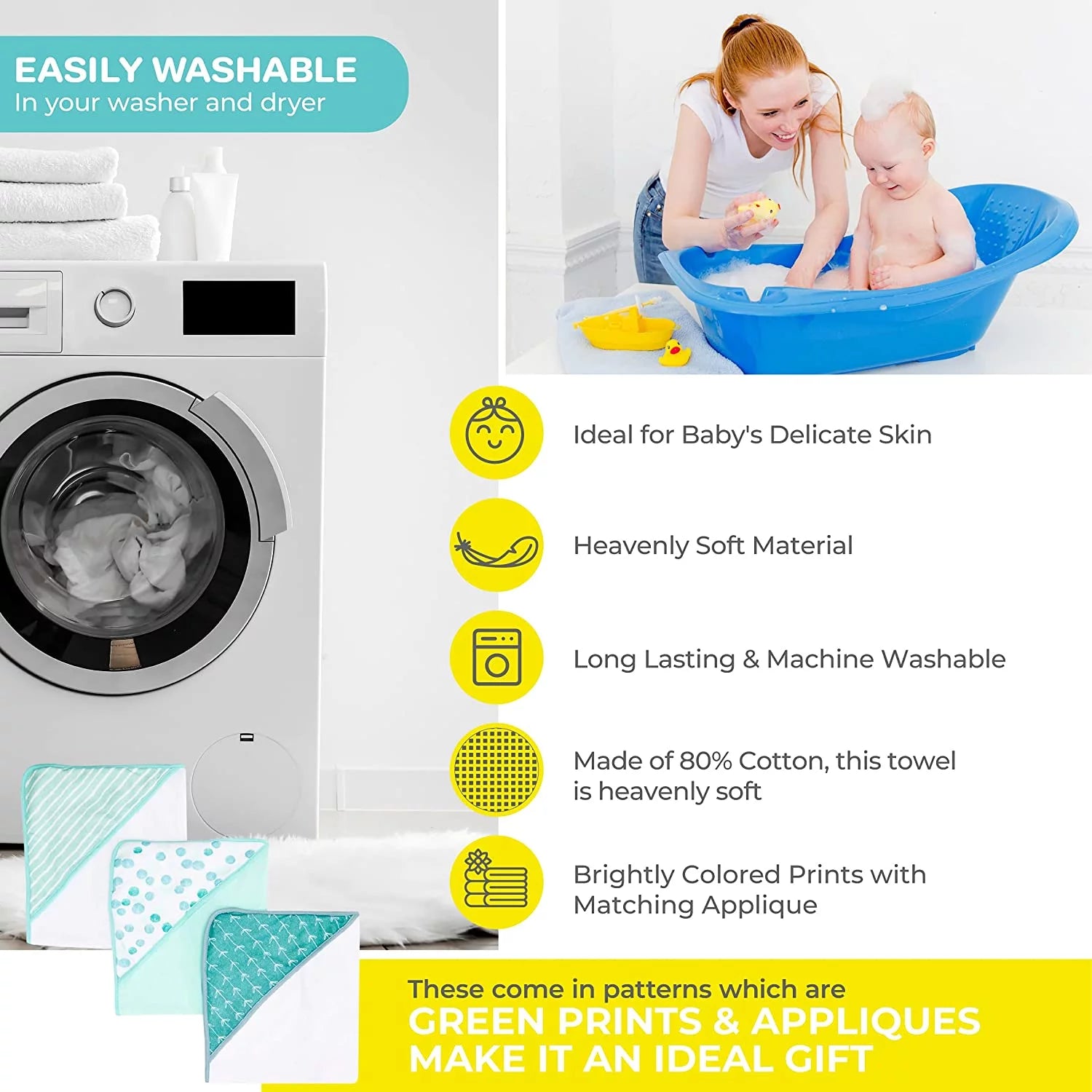 Baby Hooded Towel Set for Newborn Boys and Girls, Soft Terry Bath Set, Pack of 3, Green Dots