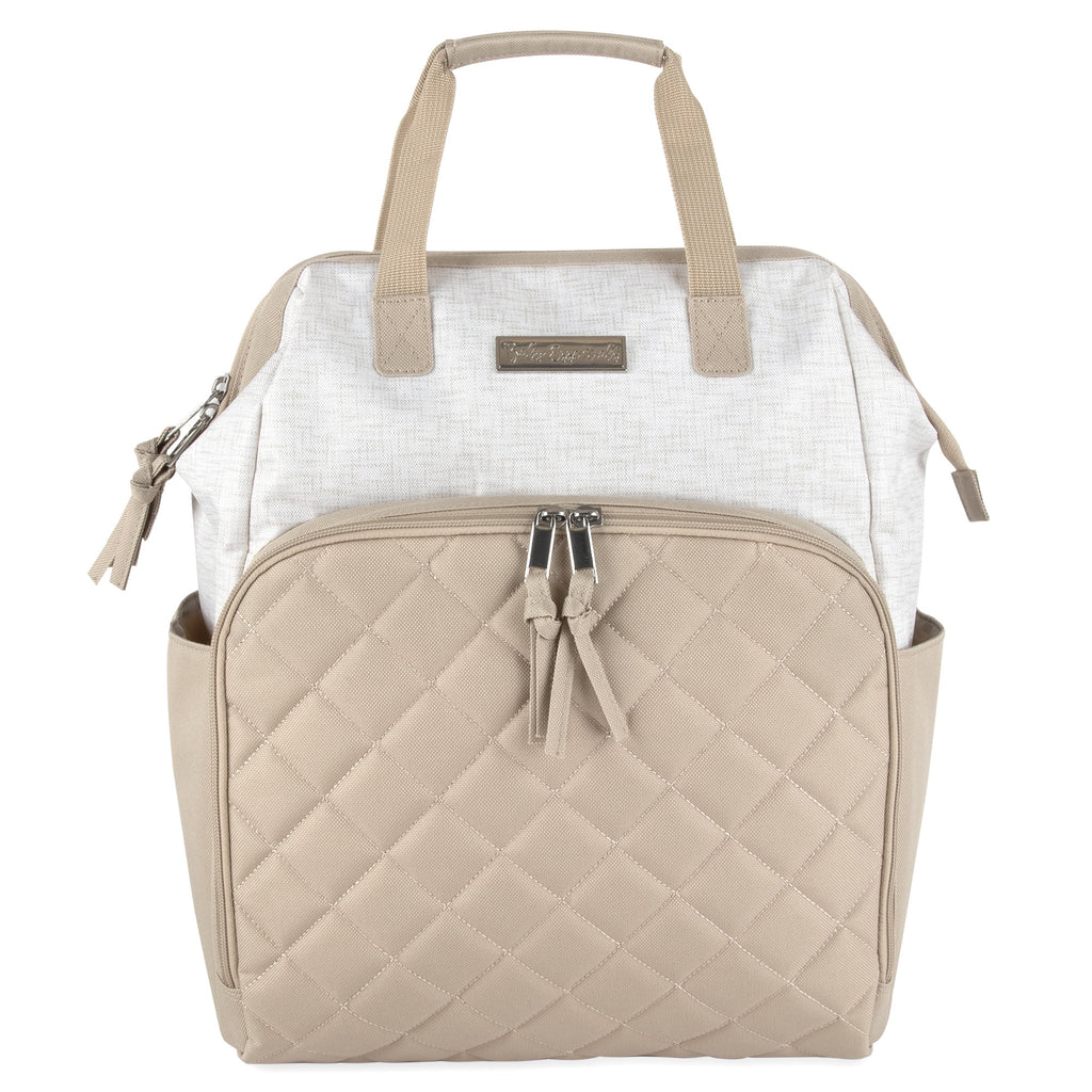 Super Cooler Main Frame Dual Zipper Closure Diaper Bag Backpack Tote with Matching 6-Ply Changing Pad, Insulated Bottle Pockets and Stroller Straps in Crème and Taupe