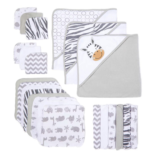 Bath Hooded Towels & Washcloths Set for Babies, 23-Piece Gift Set, White Zebra