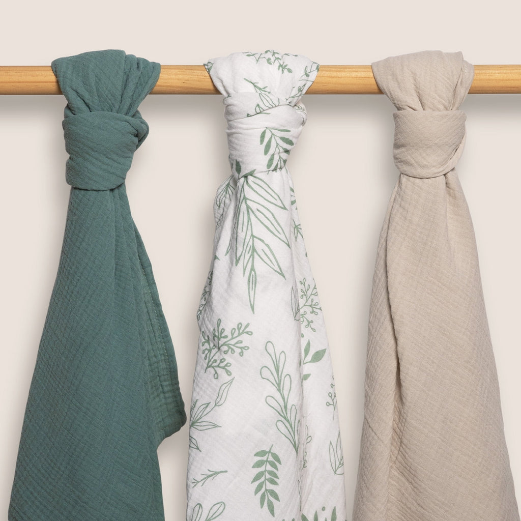 3-Pack Muslin Organic Cotton Swaddle Blankets for Newborn Infant Boys Girls 38"X40", Eucalyptus