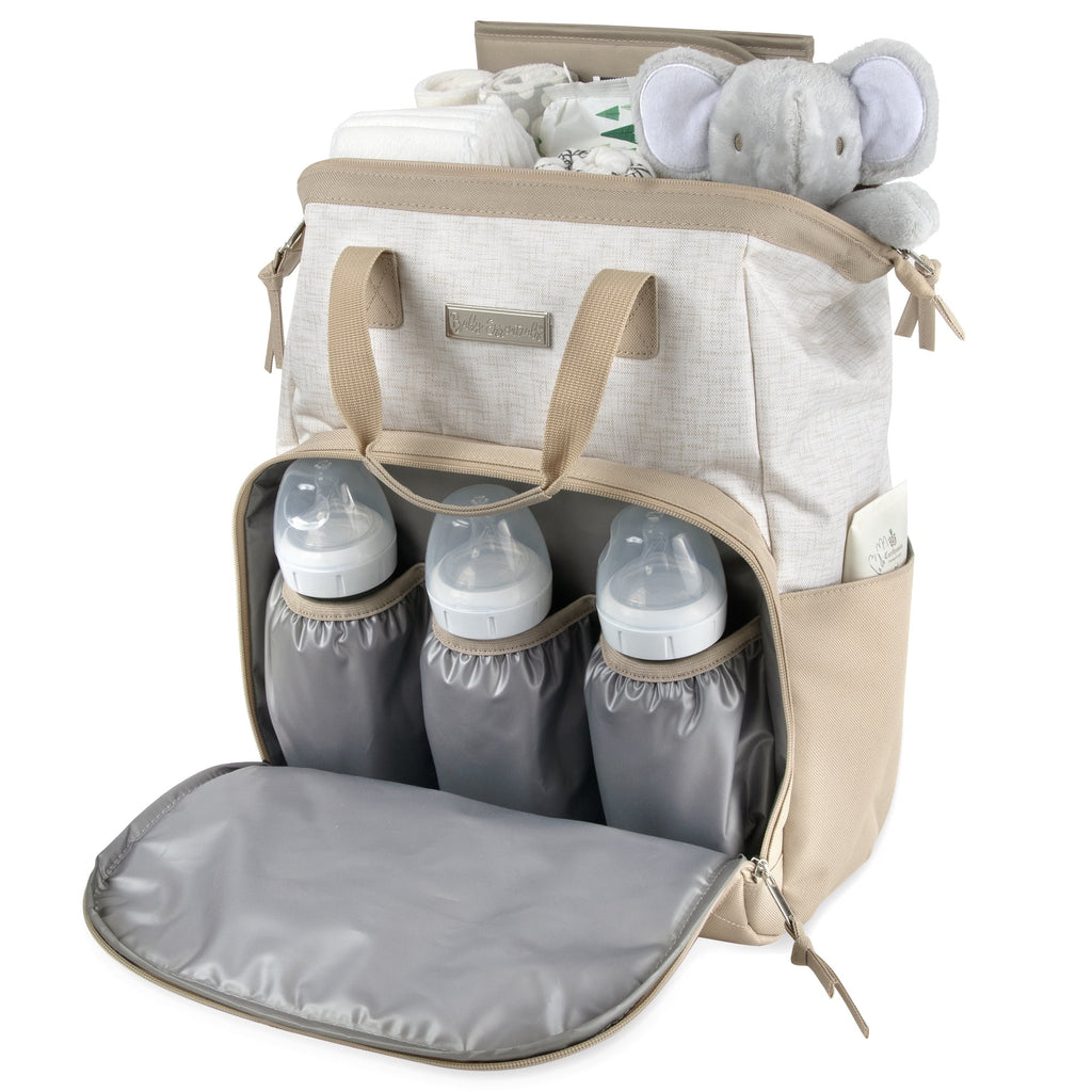 Super Cooler Main Frame Dual Zipper Closure Diaper Bag Backpack Tote with Matching 6-Ply Changing Pad, Insulated Bottle Pockets and Stroller Straps in Crème and Taupe