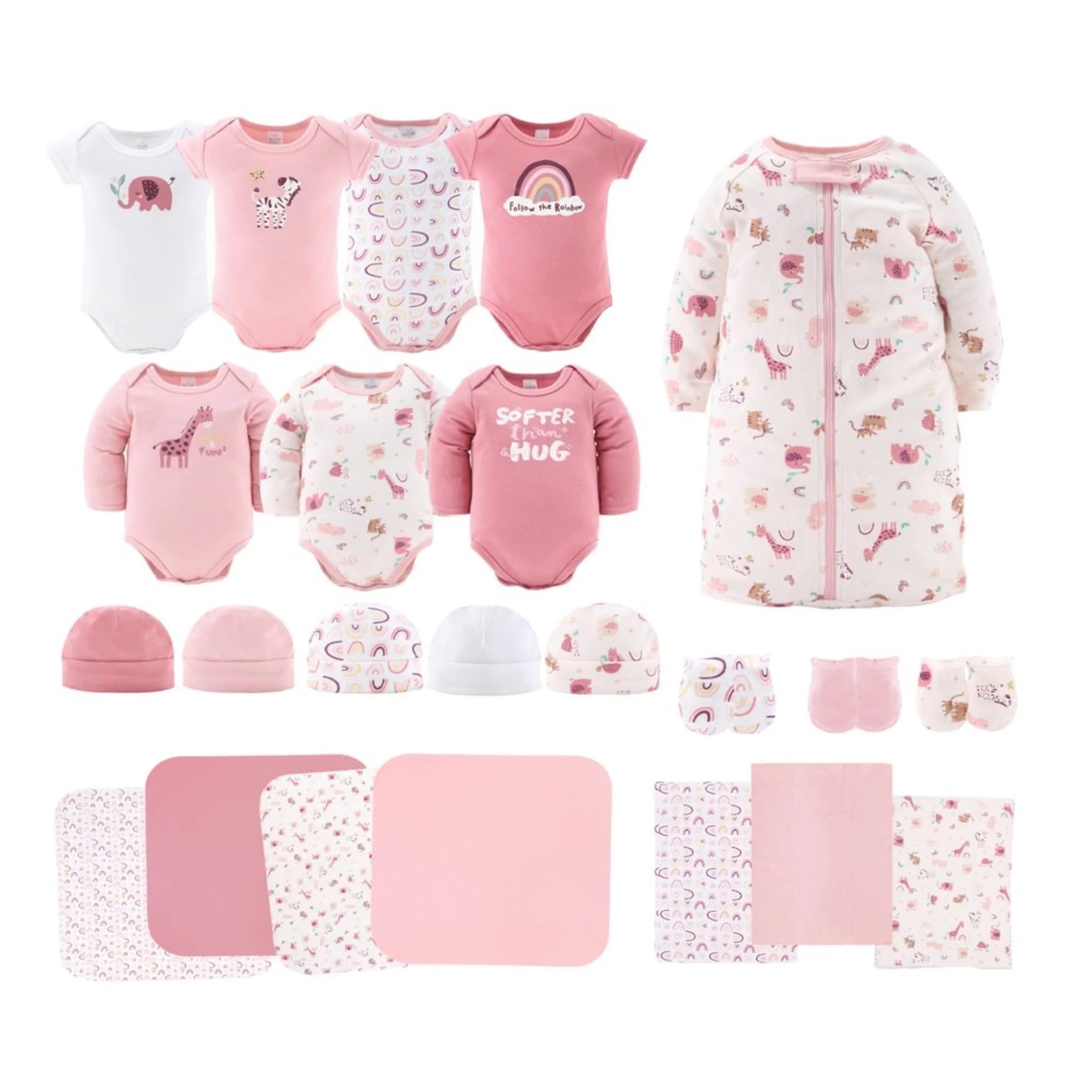 Newborn Layette Gift Set for Baby Girls, 23 Essential Pieces, Pink Rainbow Safari Animals, 0-3 Months