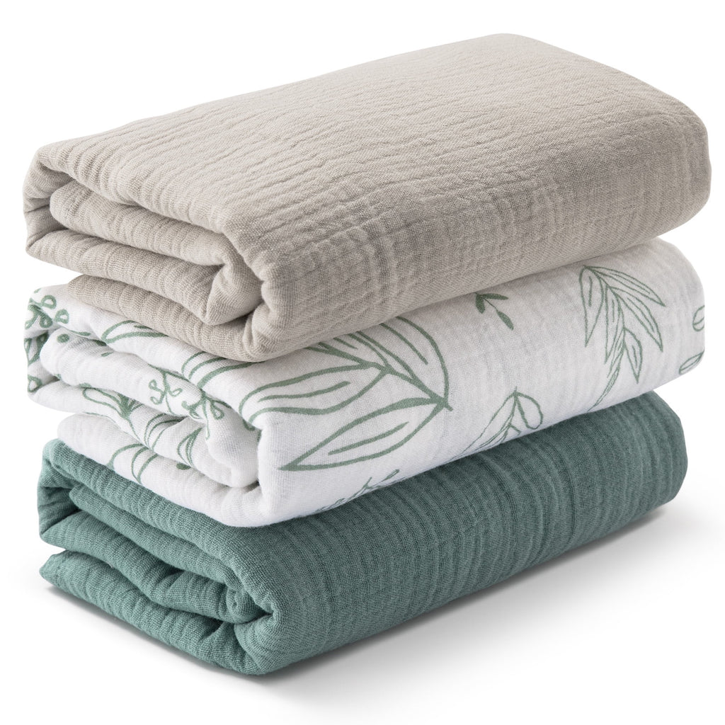 3-Pack Muslin Organic Cotton Swaddle Blankets for Newborn Infant Boys Girls 38"X40", Eucalyptus