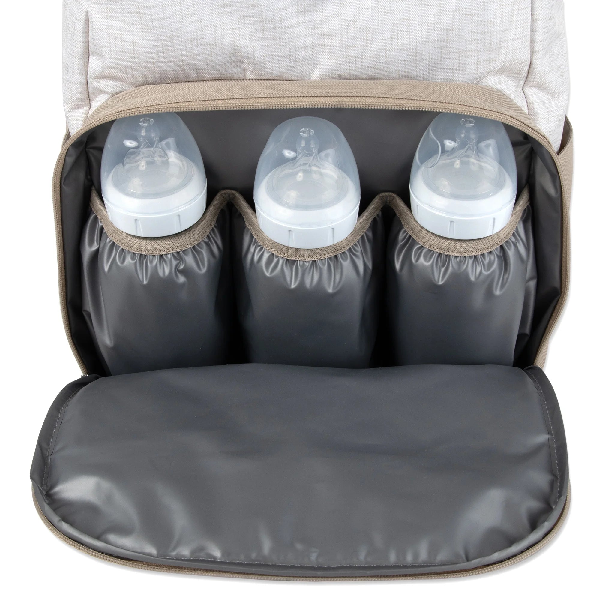 Super Cooler Main Frame Dual Zipper Closure Diaper Bag Backpack Tote with Matching 6-Ply Changing Pad, Insulated Bottle Pockets and Stroller Straps in Crème and Taupe