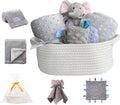 Baby Gift Set Storage Basket with Baby Blanket,Security Blanket,Taggie,Gift Bag with Ribbon,Grey,Unisex,4Items