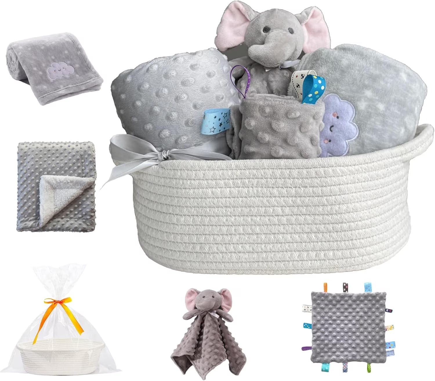 Baby Gift Set Storage Basket with Baby Blanket,Security Blanket,Taggie,Gift Bag with Ribbon,Grey,Unisex,4Items