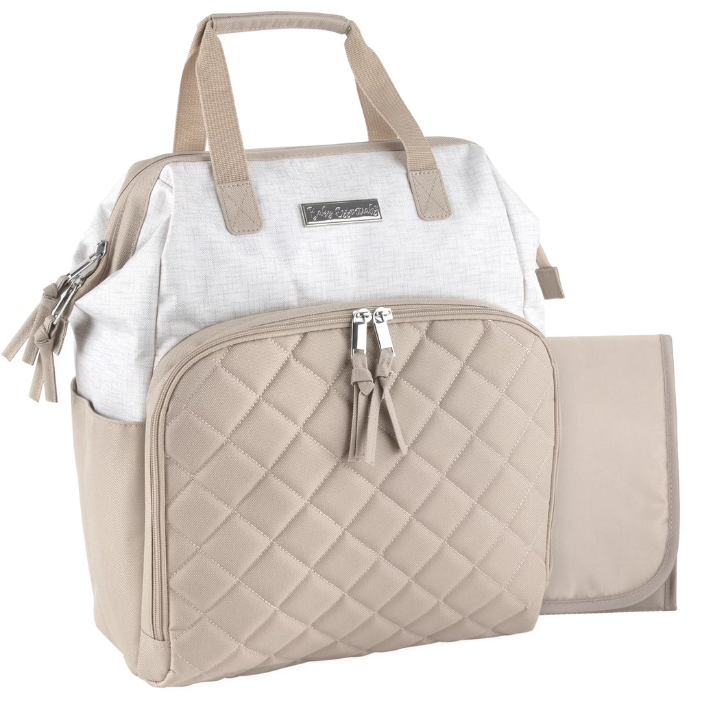 Super Cooler Main Frame Dual Zipper Closure Diaper Bag Backpack Tote with Matching 6-Ply Changing Pad, Insulated Bottle Pockets and Stroller Straps in Crème and Taupe